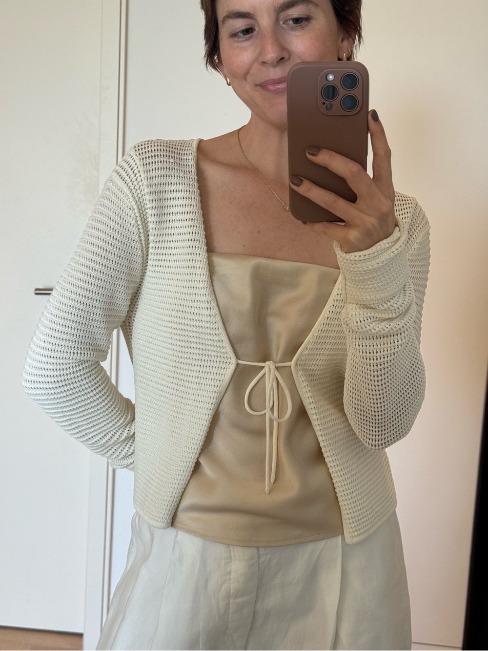 Frame Denim Cream Open-Weave Tie-Front Cardigan
